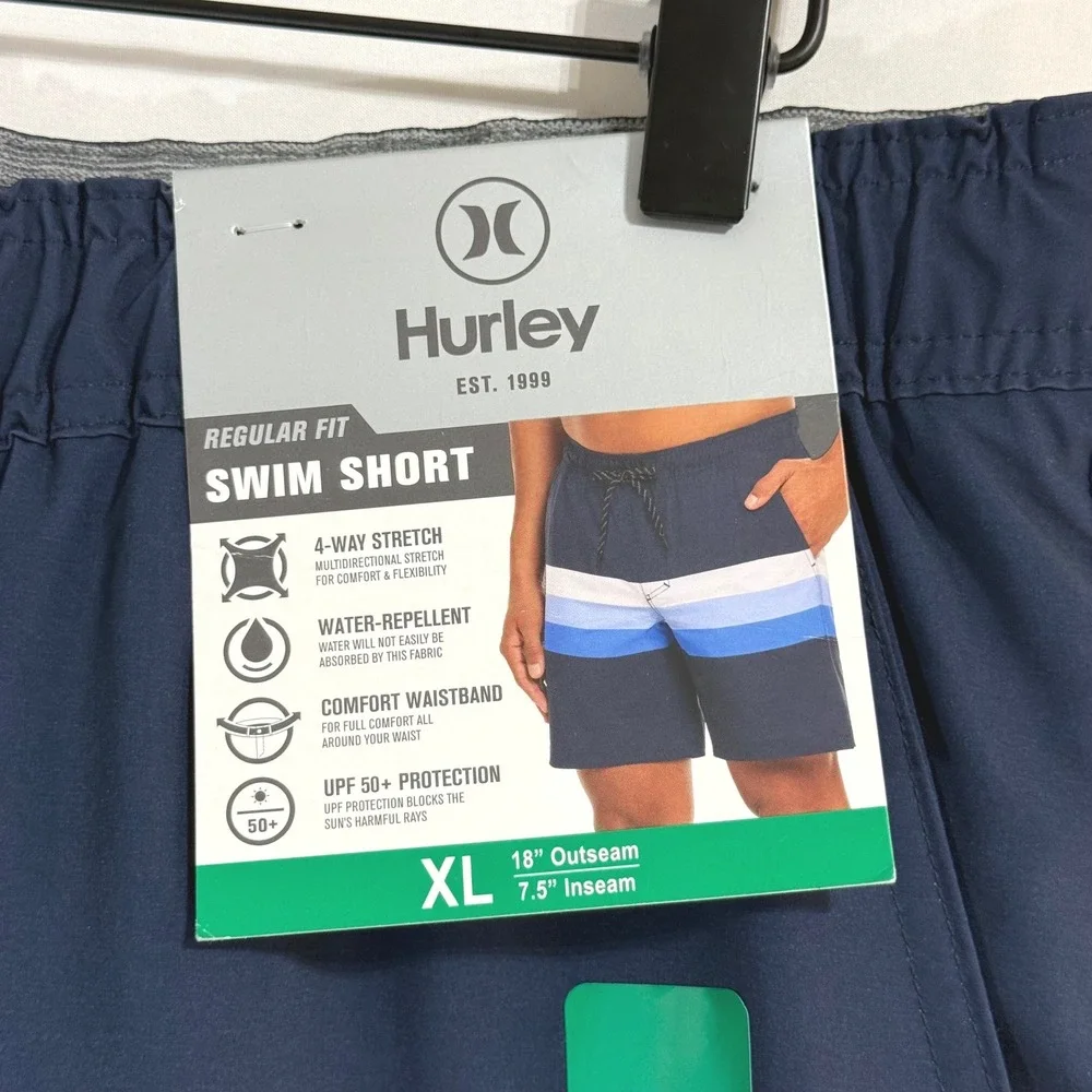 Hurley Swim Shorts Mens XL Blue Stripe Stretch UPF 50+ Board Trunks Lined NEW